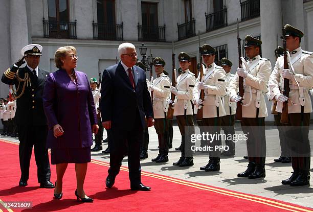 In this handout image provided by the Palestinian Press Office , Palestinian President Mahmoud Abbas meets with President of Chile Michelle Bachelet...