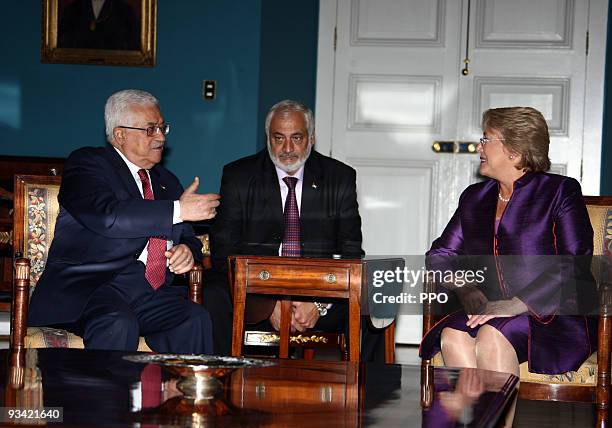 In this handout image provided by the Palestinian Press Office , Palestinian President Mahmoud Abbas meets with President of Chile Michelle Bachelet...