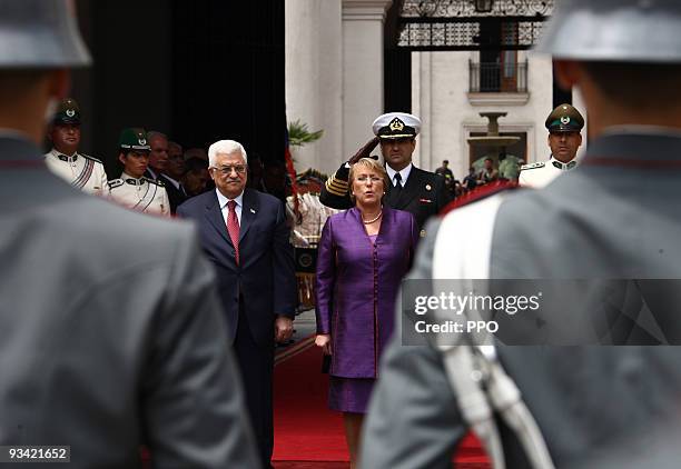 In this handout image provided by the Palestinian Press Office , Palestinian President Mahmoud Abbas meets with President of Chile Michelle Bachelet...