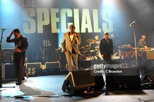 Roddy Byers, Neville Staple, John Bradbury, Terry Hall and Jerry Dammers of The Specials perform on stage at Hammersmith Apollo on November 25, 2009...