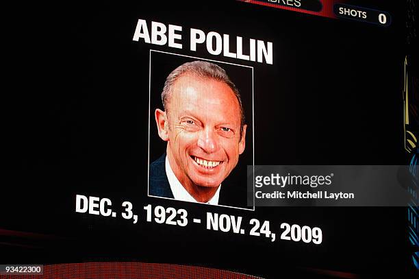 Abe Pollin, orginal owner of his Washington Capitals, is honored before a NHL hockey game against the Buffalo Sabres on November 25, 2009 at the...