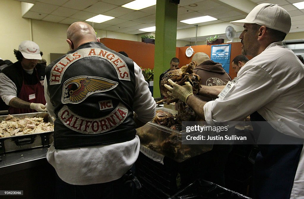 Hells Angels Volunteers Prepare Thanksgiving Dinner At SF Soup Kitchen