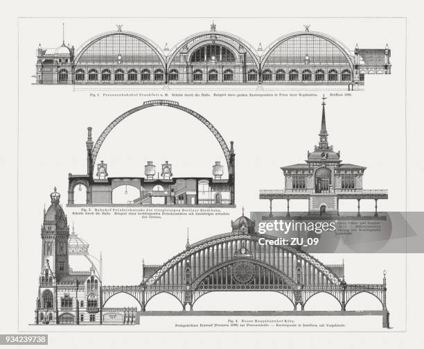 german railroad stations, built 19th century, wood engravings, published 1897 - dusseldorf stock illustrations