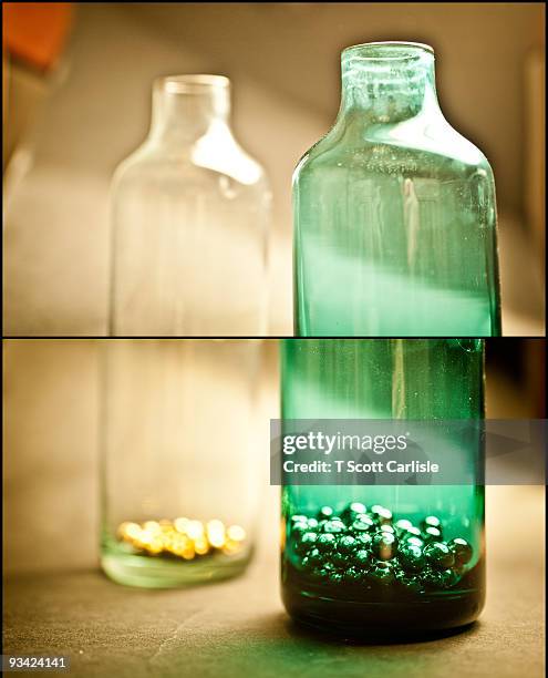 bottles and steel  - split screen ストックフォトと画像