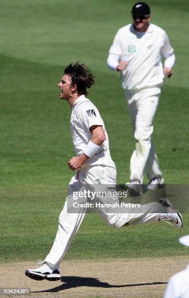 Shane Bond of New Zealand celebrates the wicket Fawad Alam of Pakistan during day three of the First Test match between New Zealand and Pakistan at...