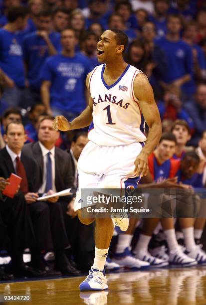 Xavier Henry of the Kansas Jayhawks celebrates after scoring during the game against the Oakland Golden Grizzlies on November 25, 2009 at Allen...