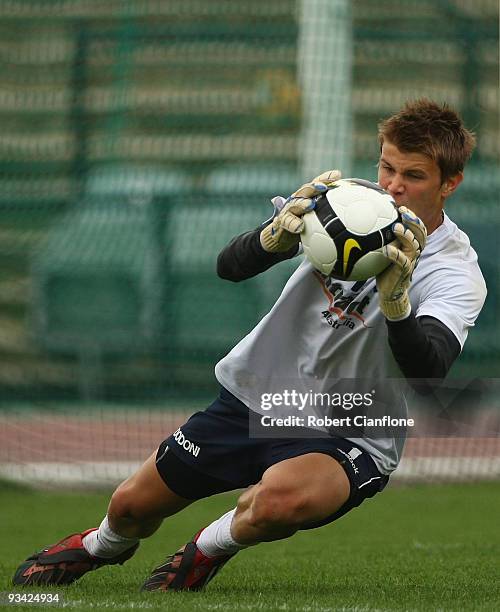 Victory goalkeeper Mitchell Langerak makes a save during a Melbourne Victory A-League training session at Olympic Park on November 26, 2009 in...