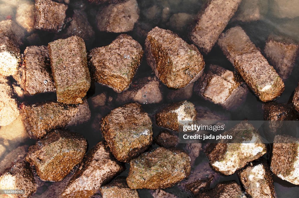 Stones lie in shallow water