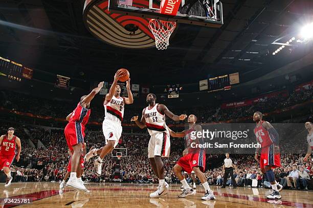 Andre Miller of the Portland Trail Blazers goes up for a shot during a game against the New Jersey Nets on November 25, 2009 at the Rose Garden Arena...