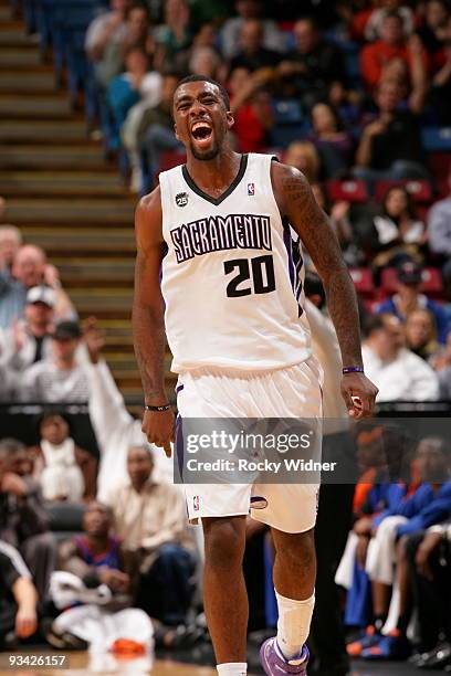 Donte Greene of the Sacramento Kings celebrates after making a big shot against the New York Knicks on November 25, 2009 at ARCO Arena in Sacramento,...