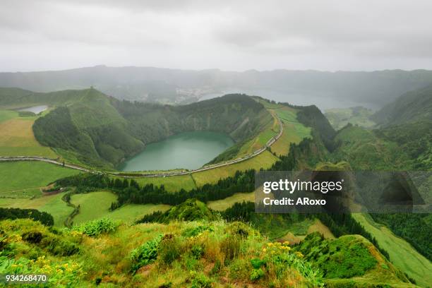 panoramic landscape from azores lagoons at sunset. - ponta delgada azores portugal stock-fotos und bilder