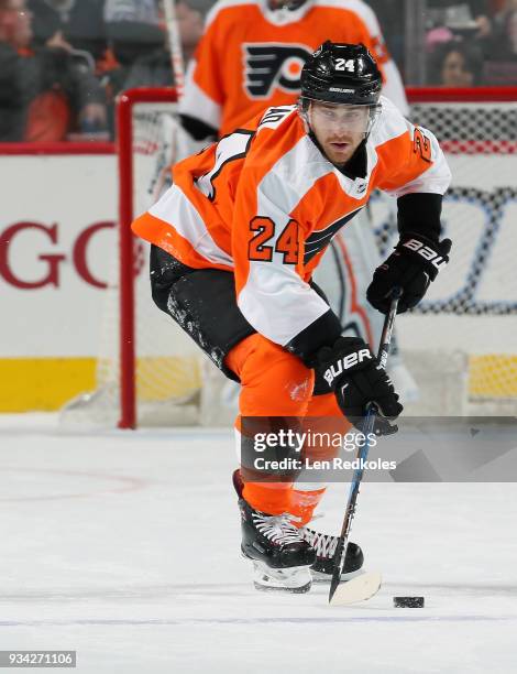 Matt Read of the Philadelphia Flyers skates the puck against the Winnipeg Jets on March 10, 2018 at the Wells Fargo Center in Philadelphia,...