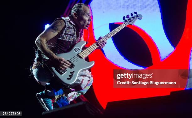Flea of Red Hot Chili Peppers performs during the first day of Lollapalooza Buenos Aires 2018 at Hipodromo de San Isidro on March 16, 2018 in Buenos...