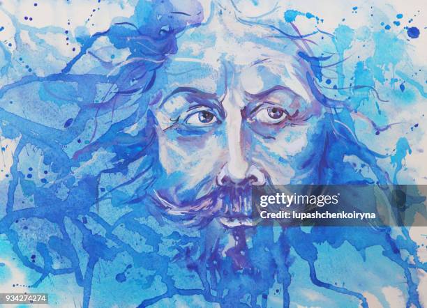 watercolor portrait of a man with long hair - beard stock illustrations