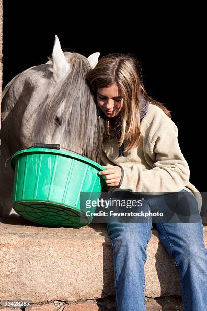 young girl feeding andalusian horse - andalusian horse stock pictures, royalty-free photos & images