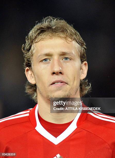 Liverpool's Lucas is seen in the Puskas stadium of Budapest on November 24, 2009 prior to the UEFA Champions League football match against Hungarian...