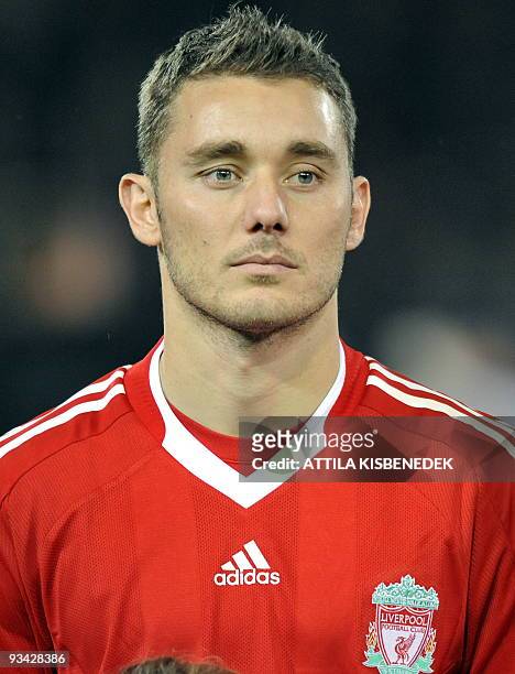 Liverpool's Fabio Aurelio is seen in the Puskas stadium of Budapest on November 24, 2009 prior to the UEFA Champions League football match against...