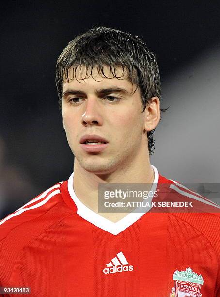 Liverpool's Emiliano Insua is seen in the Puskas stadium of Budapest on November 24, 2009 prior to the UEFA Champions League football match against...