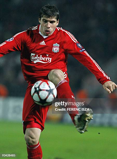 Liverpool's Argentinian defeneder Emiliano Insua controls the ball during the UEFA Champions League match againts VSC Debrecen at the Ferenc Puskas...