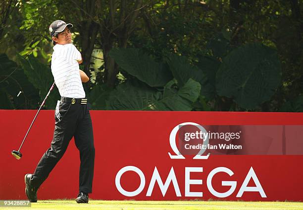 Liang Wen - Chong of China in action during the Fourball on the first day of the Omega Mission Hills World Cup on the Olazabal course on November 25,...