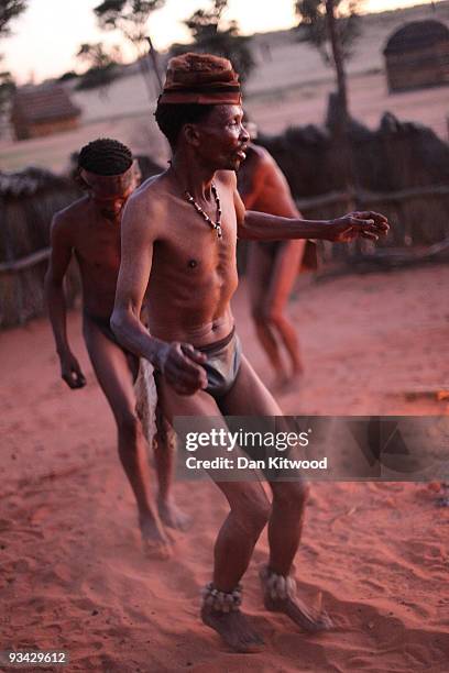 Group of San Bushmen from the Khomani San community do traditional dances around a fire in the Southern Kalahari desert on October 16, 2009 in the...
