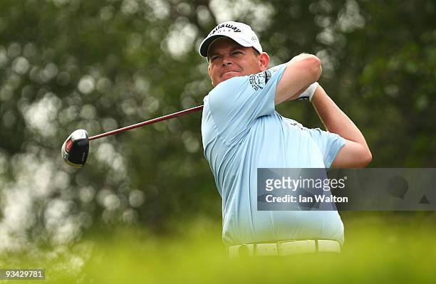 David Drysdale of Scotland in action during the Fourball on the first day of the Omega Mission Hills World Cup on the Olazabal course on November 26,...