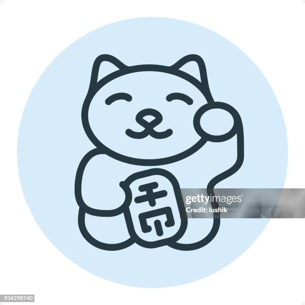 maneki neko cat - pixel perfect single line icon - feng shui stock illustrations