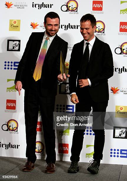 Kim Moyes and Julian Hamilton of The Presets pose after winning the award for Best Dance Release in the Awards Room backstage at the 2009 ARIA Awards...
