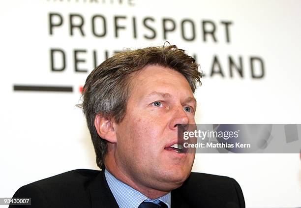 General manager Gernot Tripcke of the German Ice Hockey League holds a speech during a press conference under the motto 'Initiative Profisport...