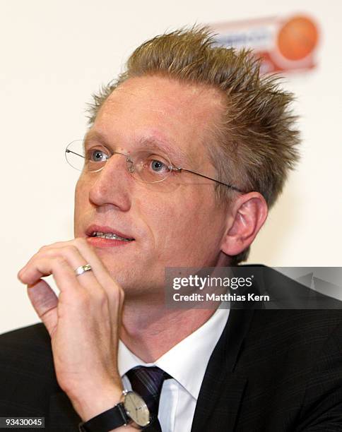 General manager Jan Pommer of the German Basketball League holds a speech during a press conference under the motto 'Initiative Profisport...