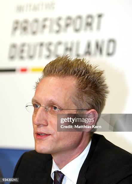 Jan Pommer, general manager of the German Basketball League attends a press conference under the motto 'Initiative Profisport Deutschland' on...