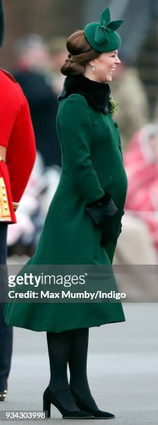 Catherine, Duchess of Cambridge attends the annual Irish Guards St Patrick's Day Parade at Cavalry Barracks on March 17, 2018 in Hounslow, England.