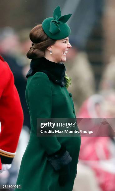 Catherine, Duchess of Cambridge attends the annual Irish Guards St Patrick's Day Parade at Cavalry Barracks on March 17, 2018 in Hounslow, England.