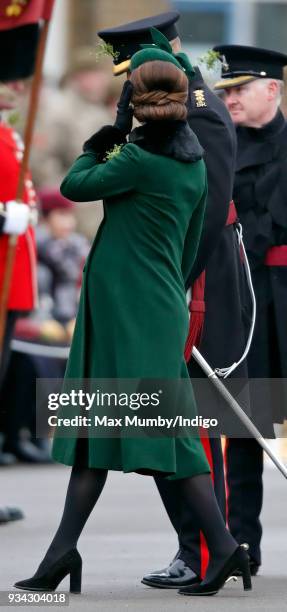 Catherine, Duchess of Cambridge attends the annual Irish Guards St Patrick's Day Parade at Cavalry Barracks on March 17, 2018 in Hounslow, England.