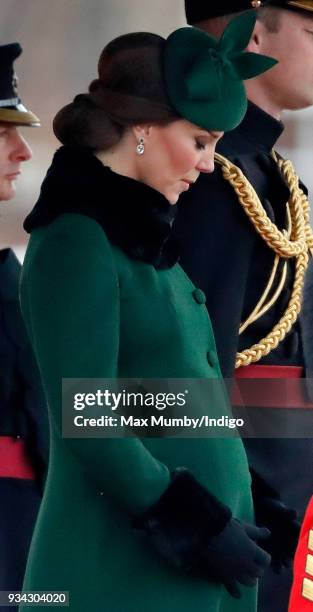 Catherine, Duchess of Cambridge attends the annual Irish Guards St Patrick's Day Parade at Cavalry Barracks on March 17, 2018 in Hounslow, England.