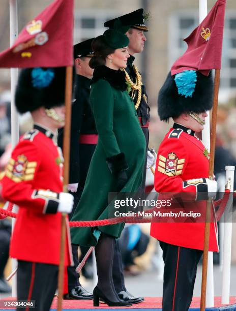 Catherine, Duchess of Cambridge and Prince William, Duke of Cambridge attend the annual Irish Guards St Patrick's Day Parade at Cavalry Barracks on...