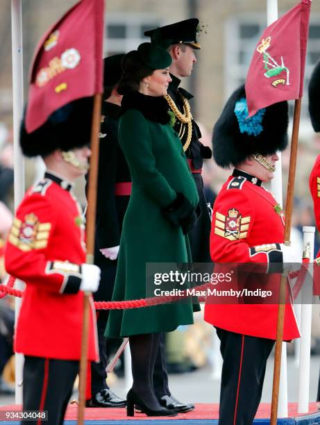 Catherine, Duchess of Cambridge and Prince William, Duke of Cambridge attend the annual Irish Guards St Patrick's Day Parade at Cavalry Barracks on...