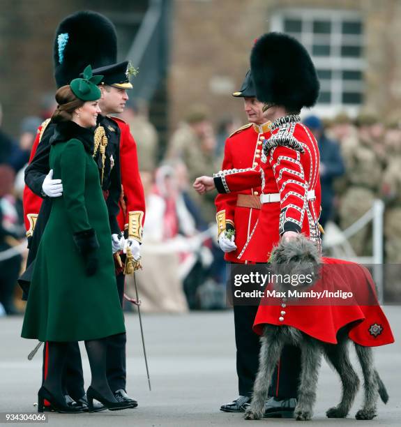 Prince William, Duke of Cambridge and Catherine, Duchess of Cambridge attend the annual Irish Guards St Patrick's Day Parade at Cavalry Barracks on...