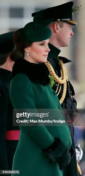 Catherine, Duchess of Cambridge and Prince William, Duke of Cambridge attend the annual Irish Guards St Patrick's Day Parade at Cavalry Barracks on...