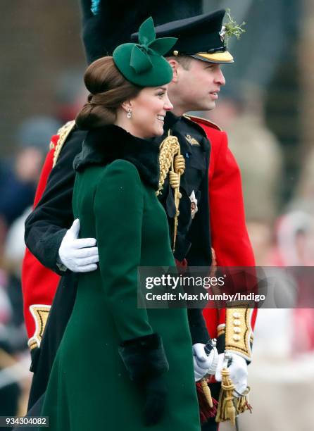 Catherine, Duchess of Cambridge and Prince William, Duke of Cambridge attend the annual Irish Guards St Patrick's Day Parade at Cavalry Barracks on...