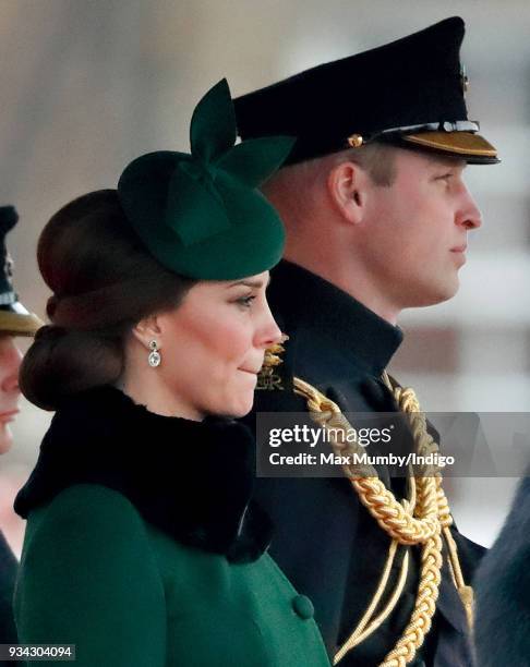 Catherine, Duchess of Cambridge and Prince William, Duke of Cambridge attend the annual Irish Guards St Patrick's Day Parade at Cavalry Barracks on...