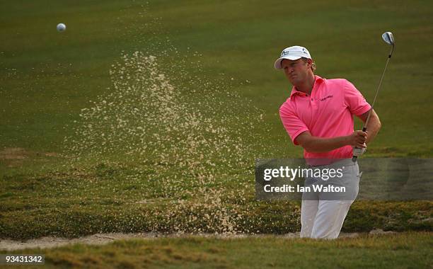 Jamie Donaldson of Wales in action during the Fourball on the first day of the Omega Mission Hills World Cup on the Olazabal course on November 26,...