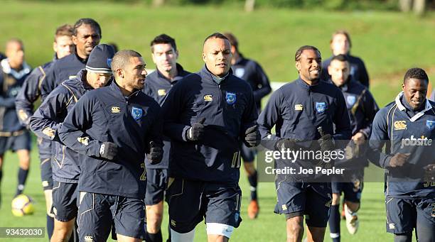 Hayden Mullins and Younes Kaboul in action during the Portsmouth FC training session, which is their first without Manager Paul Hart, at the...