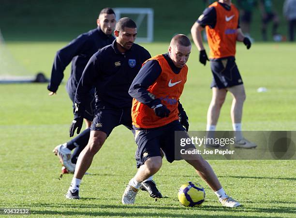 Jamie O'Hara and Hayden Mullins in action during the Portsmouth FC training session, which is their first without Manager Paul Hart, at the Eastleigh...