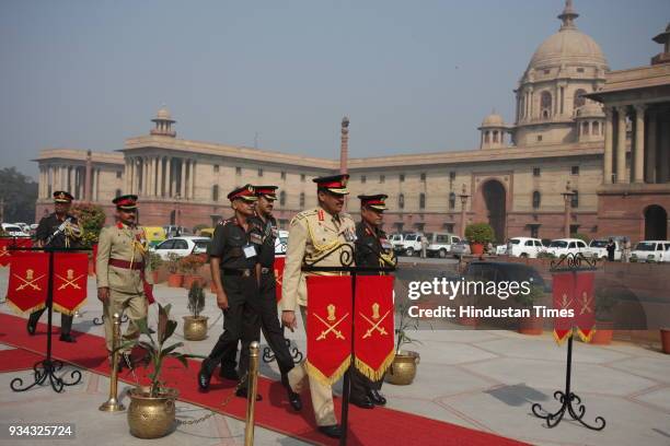 Commander of the Sri Lanka Army Lt. Gen. G.S. C. Fonseka inspects the guard of honor prior to a meeting with Indian Army Chief Deepak Kapoor in New...