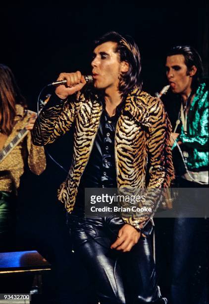 Bryan Ferry of Roxy Music performs in the Royal College Of Art video studio, wearing a tiger print jacket, on July 5th 1972 in London.