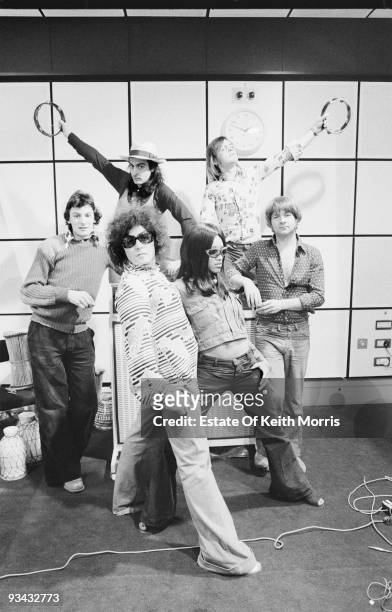 American singer Gloria Jones, British singer Marc Bolan , and drummers Davey Lutton and Mickey Finn pose at Scorpio Studios in London, during the...