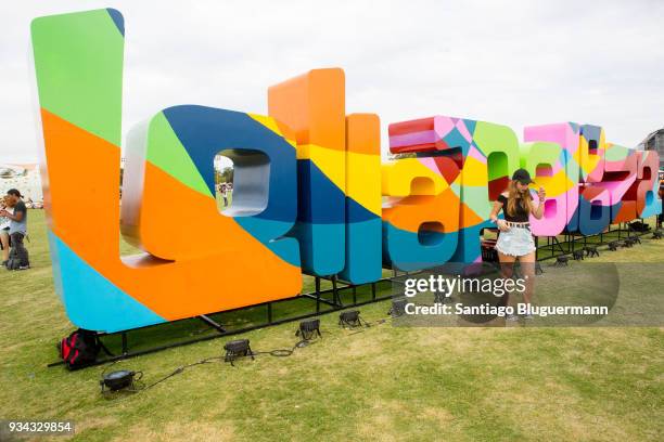 Fan poses for photos at Lollapalooza spot during day two of Lollapalooza Buenos Aires 2018 at Hipodromo de San Isidro on March 17, 2018 in Buenos...