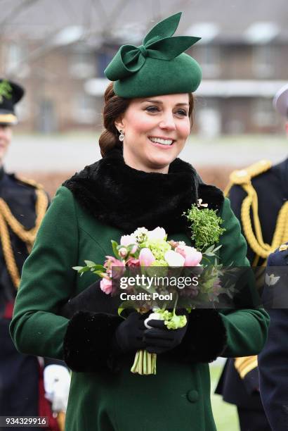 Catherine, Duchess of Cambridge attends the annual Irish Guards St Patrick's Day Parade at Cavalry Barracks on March 17, 2018 in Hounslow, England.