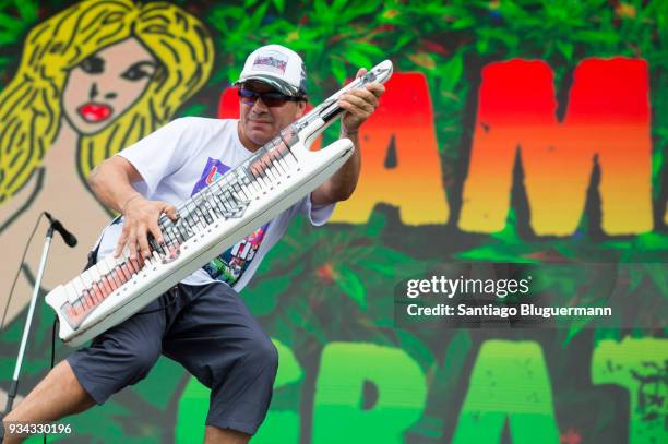 Pablo Lescano of Damas Gratis perform during day two of Lollapalooza Buenos Aires 2018 at Hipodromo de San Isidro on March 17, 2018 in Buenos Aires,...